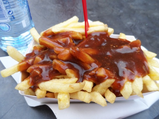 Fries with  stoofvlees sauce. YUM! It's a meaty gravy and I loved it! I want to come back to Belgium just for this.